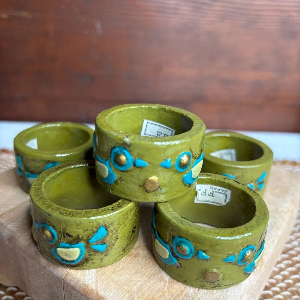 Set of 6 Vintage Fitz & Floyd Paper Mâché Green Napkin Rings Bird Motif